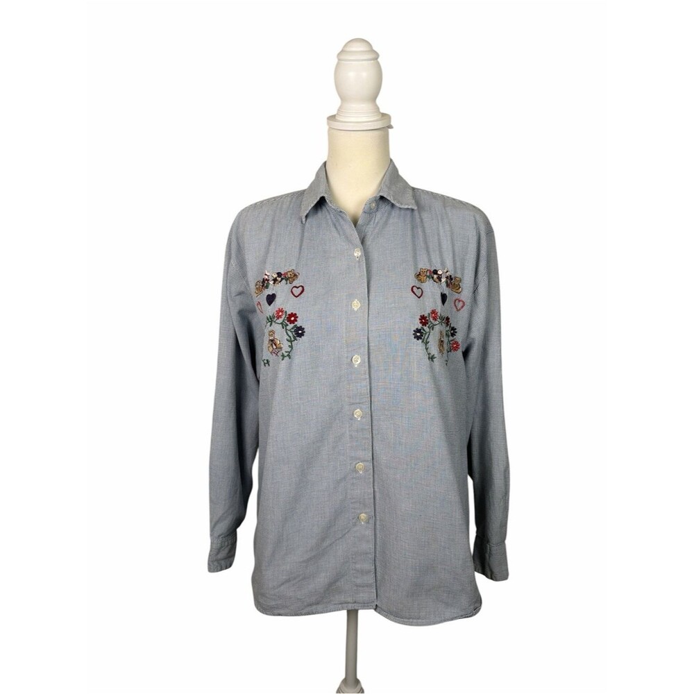 Vintage Cherokee Teddy Bear Embroidered Button Front Gingham Cottage Top Size L